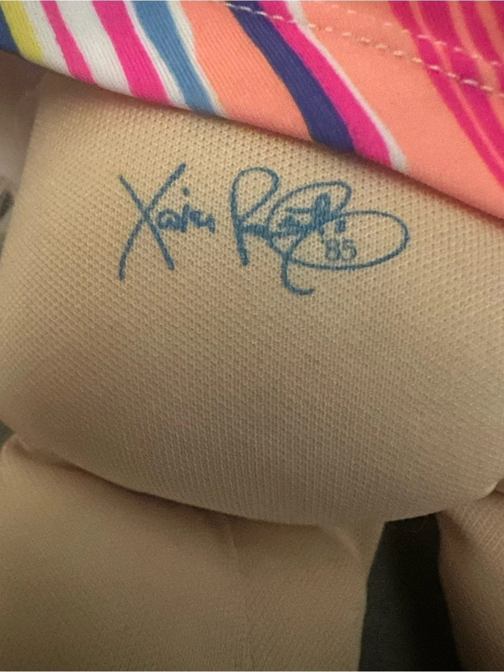 Soft Cloth Play Doll Red Yarn Hair Striped Dress, Signed Xavi Roca 1985